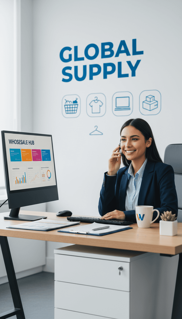 Friendly customer service team member assisting with wholesale inquiries in a modern office.
