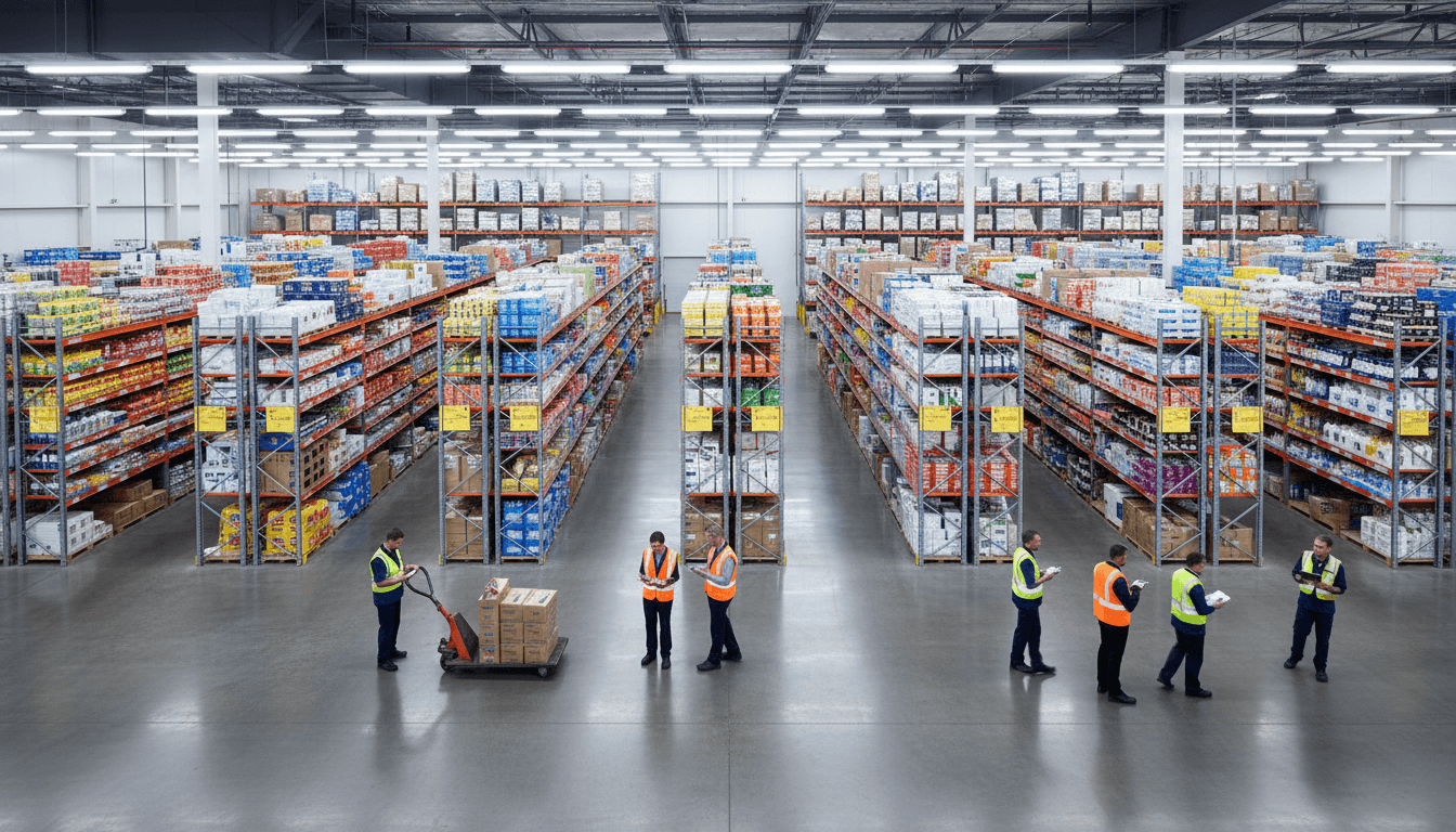 Modern wholesale warehouse with organized product shelving and inventory