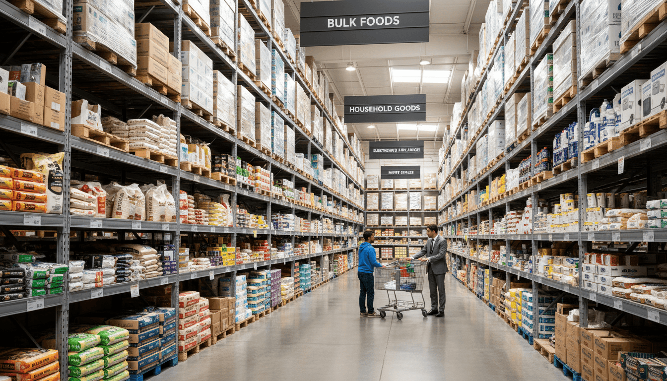 Wholesale warehouse with stocked shelves and products